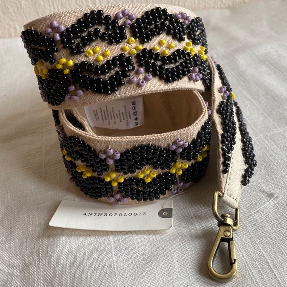 NWT Anthropologie beaded handbag strap in ivory w/ blk, lavender and yellow - Picture 1 of 9